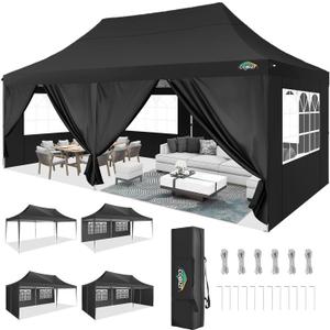 COBIZI 10x20 Pop Up Canopy with 6 Sidewall, Commercial Canopy UPF 50+ Waterproof Outdoor Gazebo with Carry Bag, Tents for Parties with Upgrade Frame, 3 Height Adjustable, Black