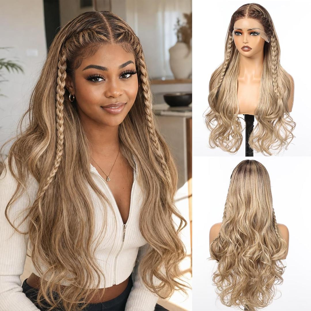Brown Mixed Blonde Braided Long Curly Wig, 13x4 Lace Front Synthetic Wig, Natural-Looking Heat Resistant Hair for Daily Use 22IN(TT4/ABLOND)