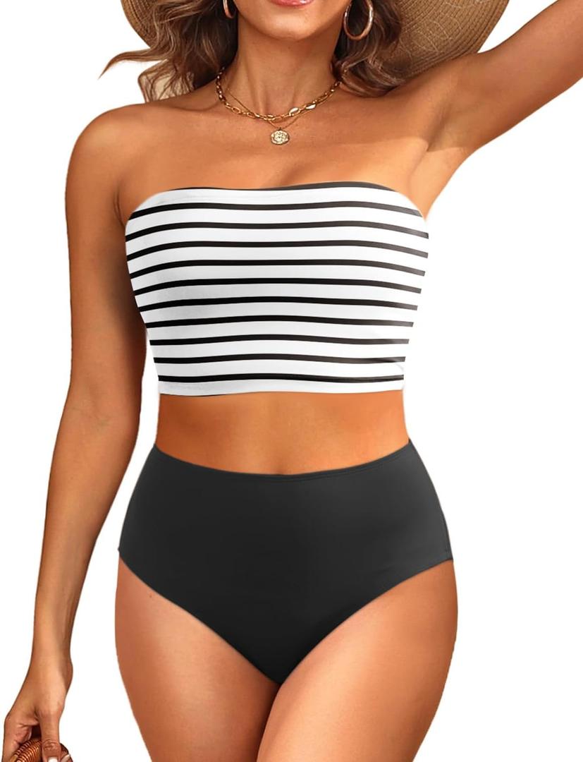 Tempt Me Women Bandeau Bikini Set Strapless High Waisted Two Piece Swimsuit Longline Bathing Suits (Large, Striped and Black)