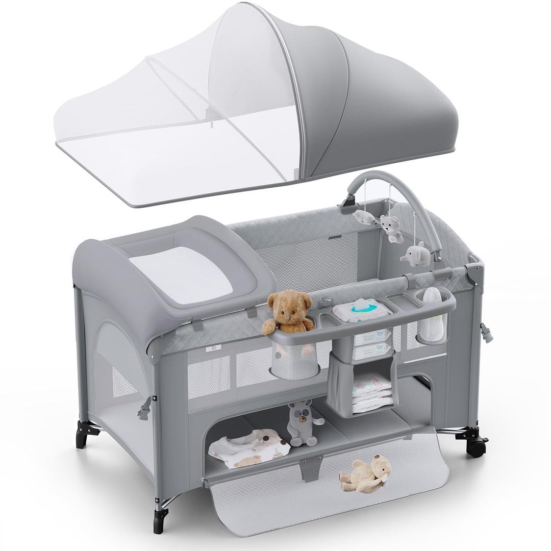 Obee Odee 4 in 1 Baby Bassinet, Pack and Play, Bedside Crib Sleeper, Diaper Changer - Comes with Mattress, Mosquito Net，Bottom Storage and Toy Bar for Newborn to Toddles