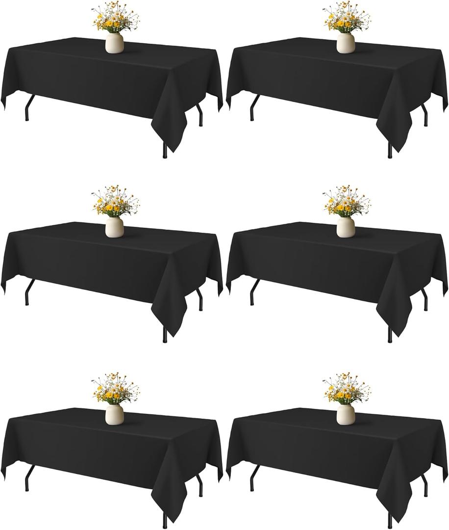 Black Rectangle Table Cloth - 6 Pack, 60" x 84" Washable Polyester Tablecloth for 5FT Tables, Wrinkle-Resistant Table Cover for Weddings & Parties