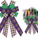 ALIBBON Large Mardi Gras Bows for Wreaths, Mardi Gras Wreath Bows, Purple Fleur de Lis Bows, Buffalo Plaid Bows for Front Door, Mardi Gras Decorations Glitter Bows for Mardi Gras Carnival Decor