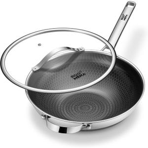 Wok pan with Lid, Hybrid Ceramic 13 Inch Tri-Ply Stainless Steel Woks & Stir-fry Pans Nonstick, Non-Toxic, PFAS/PFOA/PTFE Free, Metal Utensil Safe, Dishwasher & Oven Safe, Induction Compatible