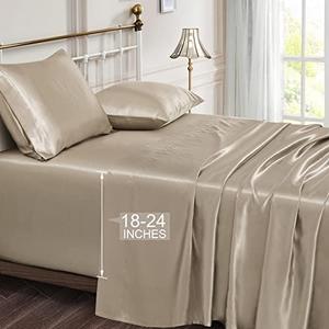 Vonty Satin Sheets California King Sheet Set - Extra Deep Pocket, Cooling & Silky Satin, Taupe, 4 Piece