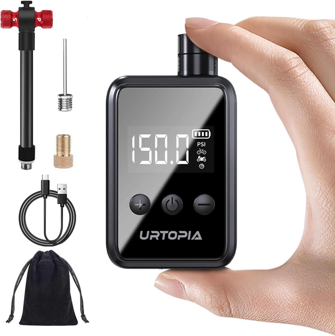 URTOPIA Mini Bike Tire Pump, Fast Inflate Bicycle Pump with Gauge, Rechargeable 150PSI Portable Electric Bike Air Pump with Presta and Schrader Valve for Road Bike, Ebike, Motorcycle, Ball (Black plus)