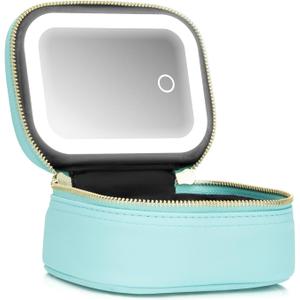 Mini Makeup Bag with Led Mirror, Small Travel Make up Bag 3 Light Modes Adjustable Brightness, for Women Organizer Cosmetic Bag, Portable Travel Train Toiletry Bag, for Pool Parties Work Touch-Ups (Blue)