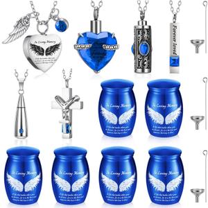 12 Set Small Urn Cremation Jewelry Necklaces for Ashes Stainless Steel Keepsake Urns Memorial Locket Mini Ash Holders Waterproof for Human Adult Female Male Family Loved One(Blue)