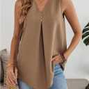 SOLY HUX Women's V Neck Pleated Tank Top Sleeveless Tunic Vest Shirts Casual Summer Blouse (Large, Coffee Brown)