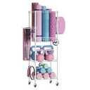 VOPEAK Home Gym Storage Rack with Wheels, Yoga Mat Storage Organizer for Kettlebells, Dumbbells, Resistance Bands, Space Saving 3-Tier Weight Rack for Home Gym, Garage, Easy to Install (White)
