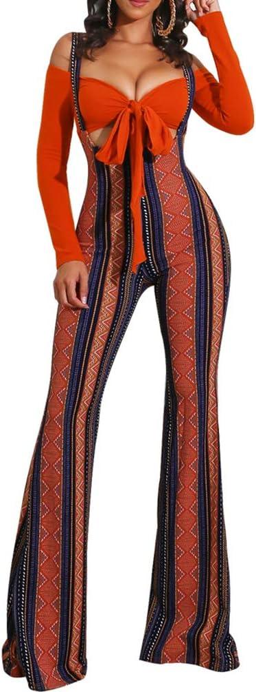 Ophestin Womens Sexy Off Shoulder Tie Crop Top Ethnic Print Bell Pants Suspenders Set 2 Piece Outfits Jumpsuits Overalls Orange, Size XL
