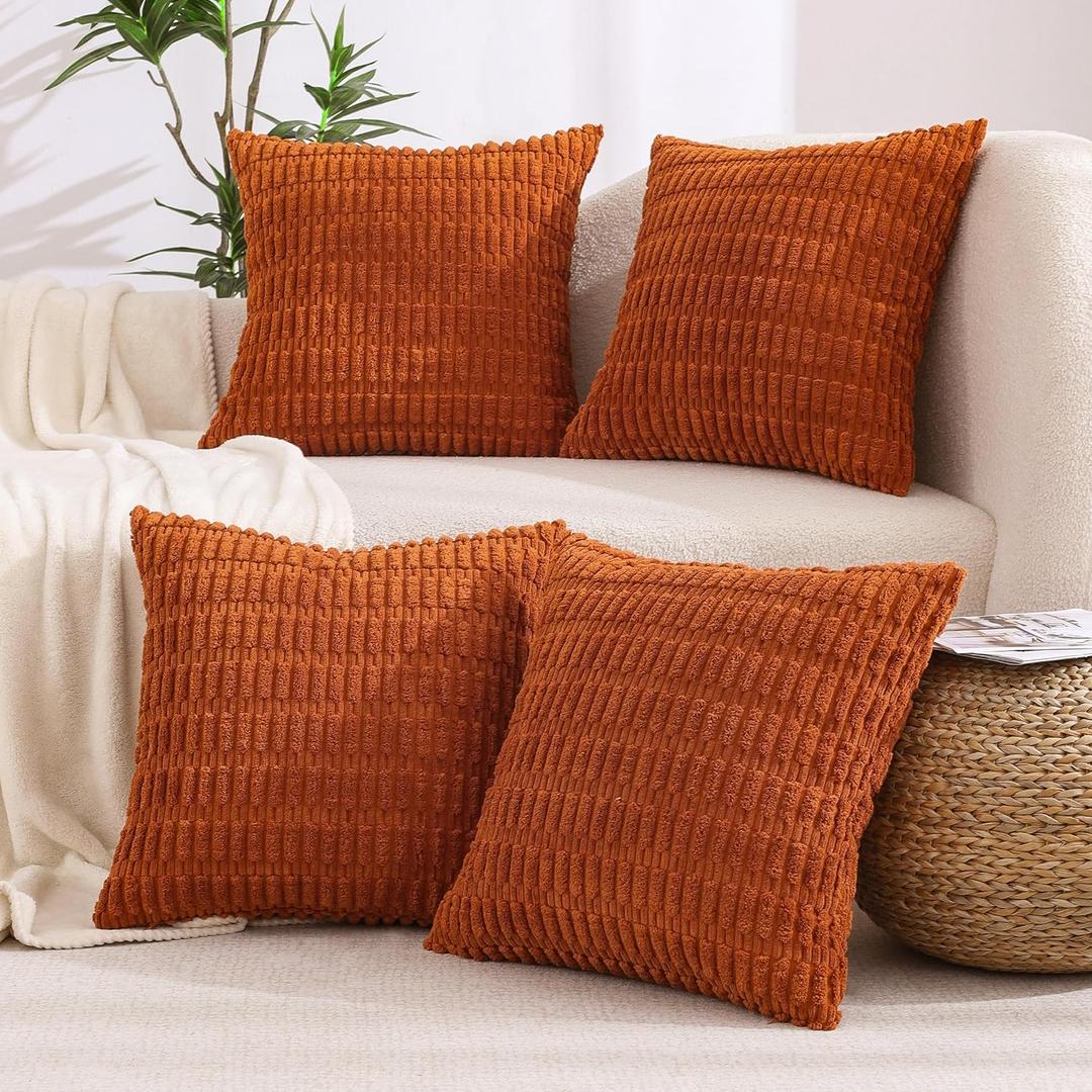 All Smiles Fall Decorative Throw Pillow Covers 18x18 Set of 4 Rust Thanksgiving Halloween Farmhouse Home Corduroy Square Cushion Case for Decor Living Room Couch Bed Sofa,Boho Terracotta Orange