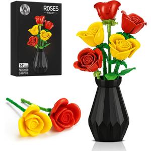 Flower Building Set Compatible with Lego Flowers for Adults, Roses Flower Bouquet botanicals Collection Unique Home Décor or Office Décor Great Gift for Her and Him (VASE Included) (Flowers Roses)