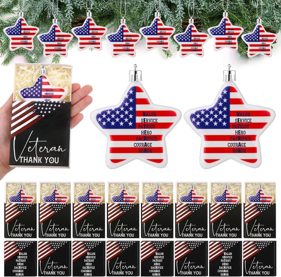 Jenaai 40 Pack Veteran Gifts Bulk Thank You Veteran Christmas Tree Decorations with Motivational Gift Boxes from Wife, Daughter, Son for Christmas Military Appreciation Patriotic Party (Star)