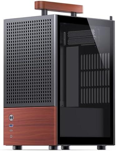 JONSBO T6 Black ITX PC Case, Mini Tower Aluminum Computer Case, with Multifunctional Handle, Walnut (Solid Wood) Panel.MB:DTX/ITX,Black Chassis