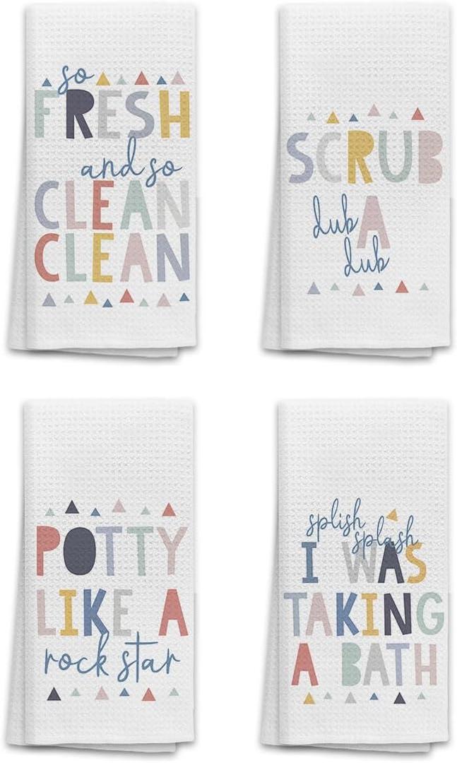 OHSUL Funny Colorful Kids Bath Bathroom Towels Set of 4,Rainbow Colored So Fresh and So Clean Hand Towels for Bathroom Decor,Kids Bath Towels for Girls Boys Children Toddlers Christian (Color-1)