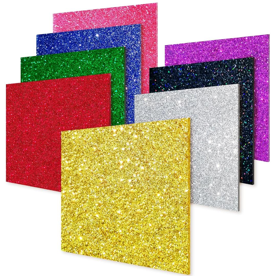 Glitter Acrylic Sheets 1/8 in Thick 8x8 Cast Sparkly Acrylic Sheets 3mm for Laser Cutting, Engraving, Invitation Blanks, Signs, Festival Decorations(8, Assorted, 8"x8")