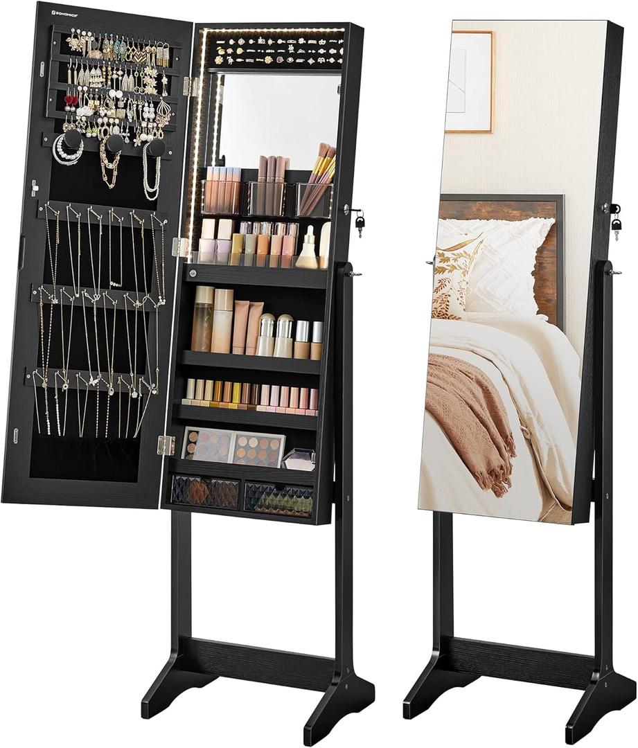 SONGMICS Mirror Jewelry Cabinet Standing Armoire Organizer, Jewelry Storage with Full-Length Frameless LED Lights, Built-in Makeup Mirror, 2 Drawers, Lockable, Black UJJC023B01