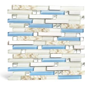 Blujellyfish Beach Style Tile Real Seashell Inside Blue Cream White Brushed Steel Art Mosaic Kitchen Backsplash Bath Decor (Pack of 5 Sheets)