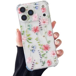DEFBSC Soft Case Compatible with iPhone 17 Pro Max, Clear Floral Flower Pattern Print Design Flexible TPU Shockproof Cover for Women Girls, Flower Protective Phone Case, Pink Cosmos