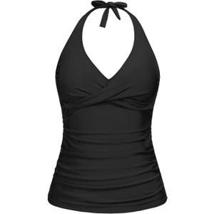 Tempt Me Womens Tankini Top Halter Tummy Control Swim Tops Only Twist Front V Neck Bathing Suit No Bottom (XX-Large, Black)