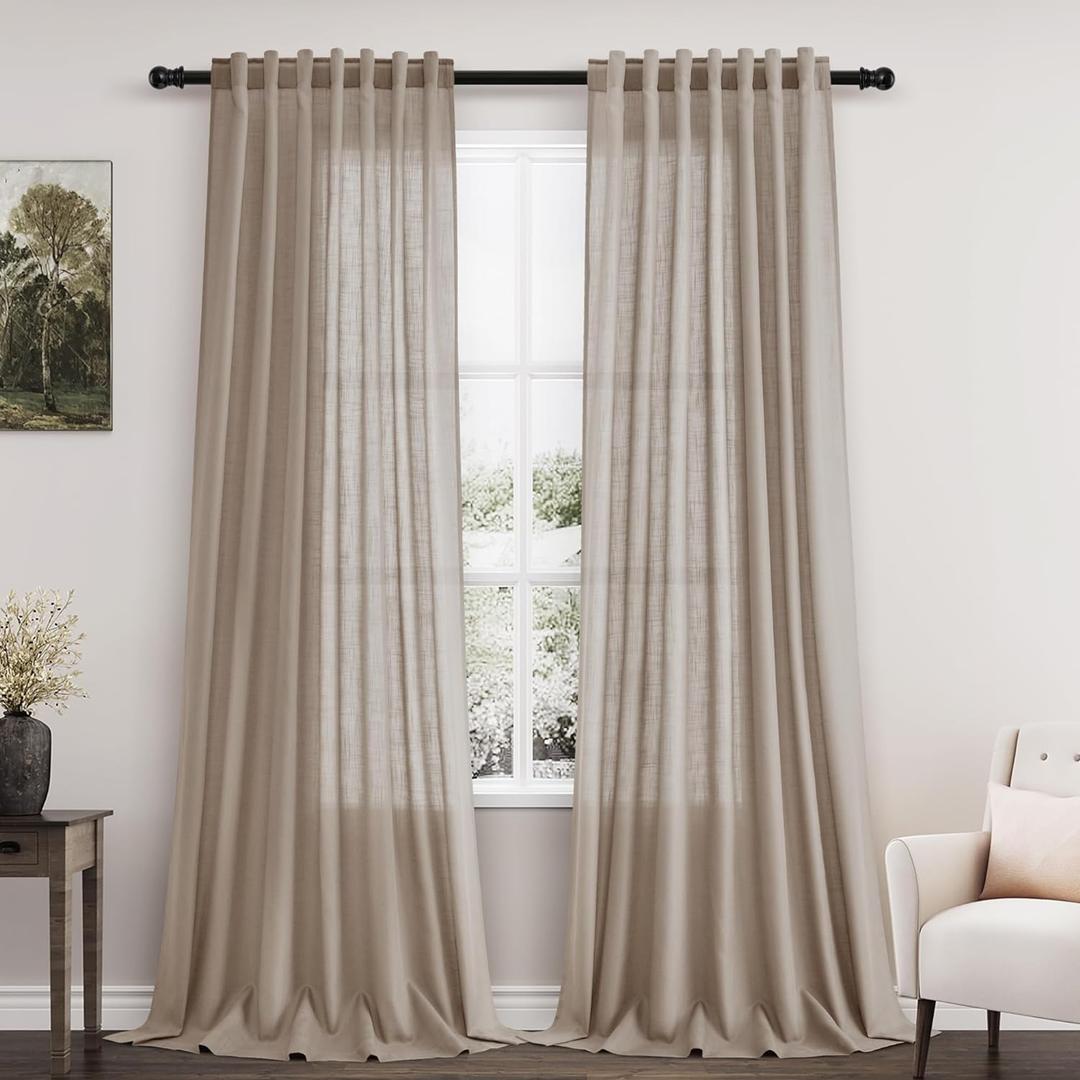 Extra Long Curtains 2 Panels 102 Inches Long for Living Room Light Taupe Back Tab Rod Pocket Light Filtering Semi Sheer Drapes Cotton Linen Textured Window Curtain 102 Inch Length for Bedroom 9 FT (52"W x 102"L (Pack of 2))