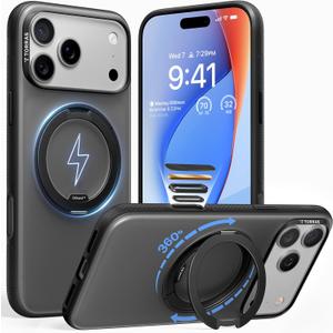 TORRAS 360 Magnetic Stand for iPhone 17 Pro Case, [Fit for MagSafe] [Rotatable Ring Kickstand] [4X Mil-Grade Shockproof] Slim Phone Cover, Camera Button, Obsidian Black, Translucent, Ostand O3 Fitness