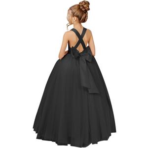 Crossed Straps Flower Girl Dress Satin Long Prom Dress with Bow Puffy Tulle Pageant Dresses for Girls (12, Black)