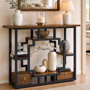 HavenlyYouth 41.3 Inch Entryway Table, Narrow Console Table Behind Couch, Accent Sofa Table with Storage Shelves for Hallway, Entrance, Foyer, Living Room, Rustic Brown, 41.3" X 11.8" X 31.5"