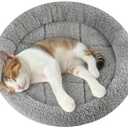 Enjoying Small Cat Bed Mat, 13.78" Round, Self Warming Cat Mat with Pillow Around, Dog Kitty Curling Sleep Cushion, Soft Kitten Pad for Carrier/Crate, Rabbit Warm Bed, Antiskid Bottom, Small