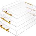 3 Pack Clear Acrylic Serving Tray with Gold Handles, Spill-Proof Acrylic Tray, Decorative Organizer Tray for Coffee Table Countertop Bathroom Vanity Appetizer Breakfast