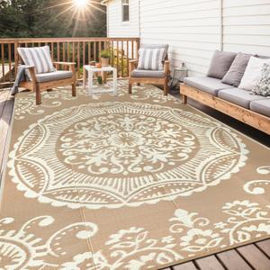 Capslpad Outdoor Rug 8x10 Patio Waterproof Boho Floral Plastic Straw Rug Large Foldable Vintage Outside Carpet with Carry Bag for RV Backyard Balcony Bench Picnic Porch, Beige
