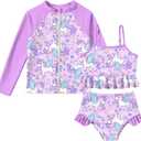 Funnycokid Girls Swimsuit Kids Bathing Suit Rashguard Swimwear Long Sleeve 3 Piece Toddler 5 Years (Purple, 4-5 T)