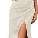 Womens V-Neck Satin High Slit Backless Maxi Dress Cross Front Ruched Adjustable Spaghetti Strap Bridesmaid Dress (Beige, XL)