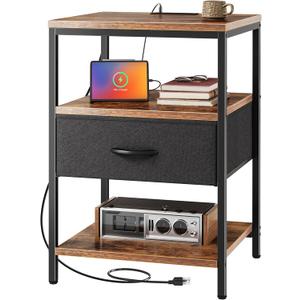 SUPERJARE Night Stand with Charger Station, 27.7 Inch Tall Nightstand with Adjustable Fabric Drawer, Bed Side Table, Fabric Drawer Dresser for Bedroom, Living Room, Rustic Brown and Black