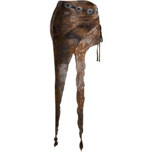 Verdusa Women's Western Skirt Boho Asymmetrical Skirts Cowgirls Mesh Vintage Floral Embroidery Drawstring Mini Shorts (Brown, M)