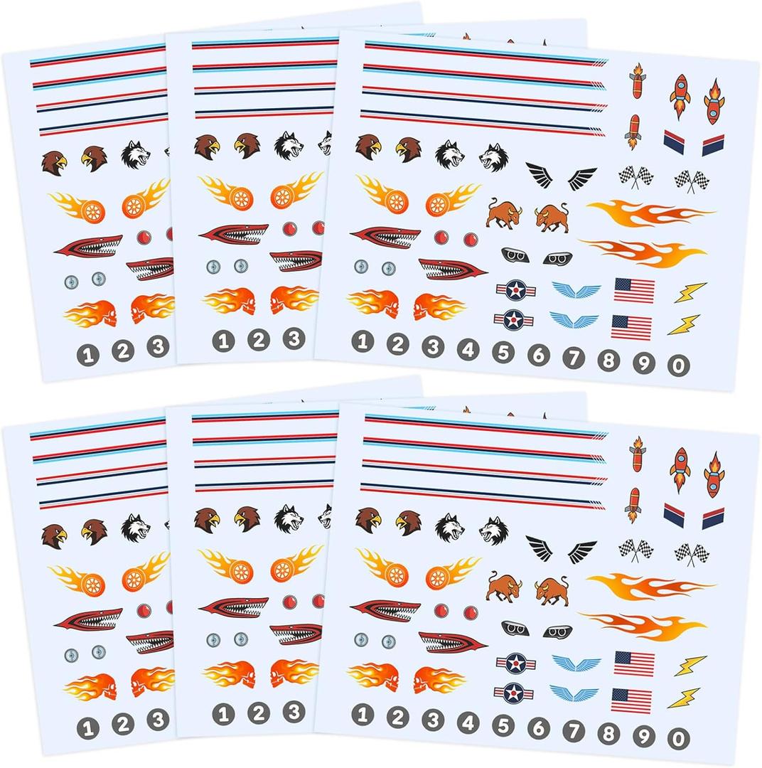 4 x Derby Car Sticker Set for Pinewood Car DerbyStyle Cars, Racing Numbers Flags Flames Animals Wings Lights Decals, Peel & Stick Waterproof Vinyl, 6 Sheets