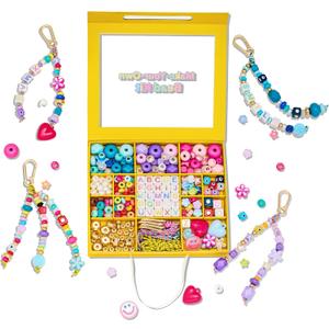 HolidayQbee DIY Bead Keychain Making Kit for Kids Beaded Bag Charm Kit Alphabet Beads Muti-Colorful Heart Pony Bead for Key Chain Making Kit Bag Charm Making Kit Gifts for Boy Girls