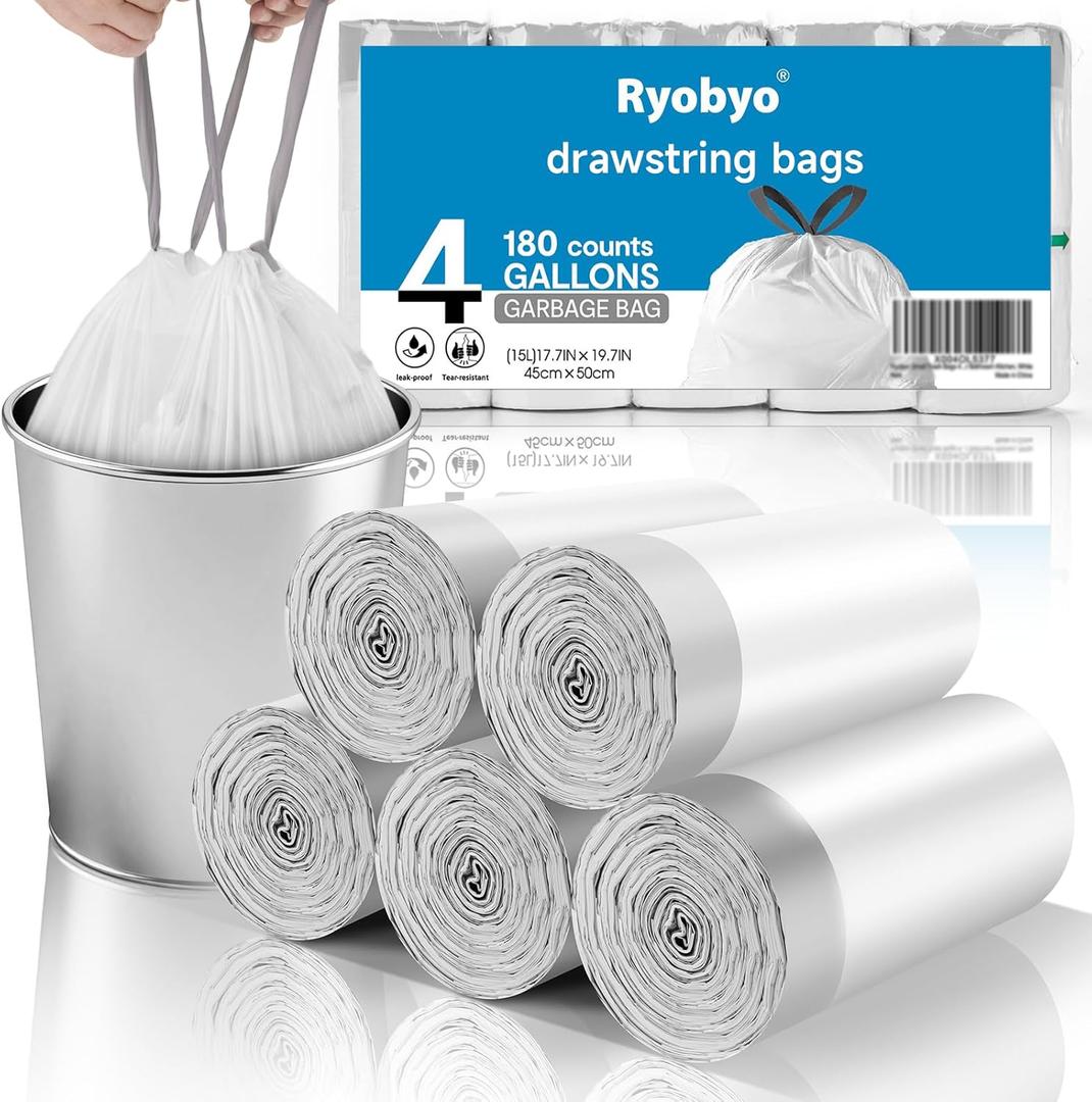 Small Trash Bags 4 Gallon Drawstring- 180 Counts 4 Gallon Trash Bag Extra Strong, Small Garbage Bags Unscented, Stretchy, Quick Cinch for Bathroom Kitchen, White