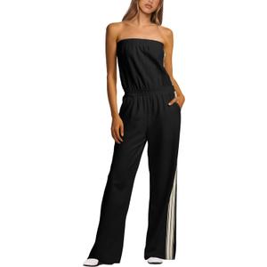 Womens Strapless Jumpsuit Casual Wide Leg Jumpsuits For Women Tube Top Off Shoulder Beach Vacation Summer Outfits (Black)