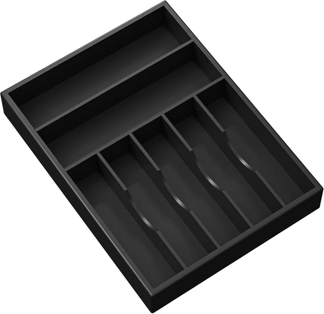 Kitchen Bamboo Drawer Organizer - Inch Silverware Utensil Tray Holder with Deep Grooved Divider - 7 Slots Total Bamboo Caddy for Flatware, Cutlery, Knives, Forks, Spoons(Black)