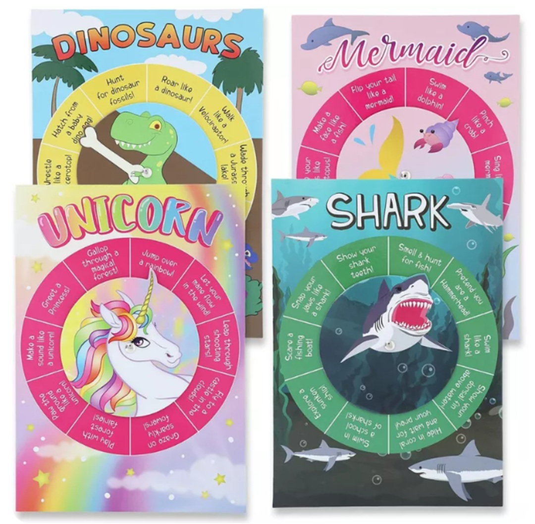 Juvale Spinning Wheel Activity Party Game Board, 4 Designs Including Dinosaur, Mermaid, Shark & Unicorn Spinner for Kids Birthday, Classroom