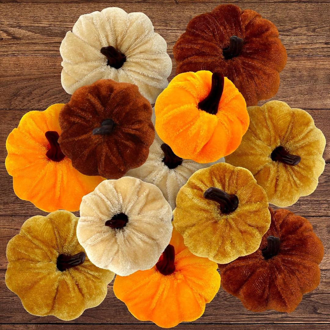 CH HAICHENG 12 Pcs Velvet Pumpkins Assorted Colors and Sizes Fake Artificial Small Velvet Pumpkin Fall Decorations for Home Farmhouse Harvest Wedding Halloween Thanksgiving Decor