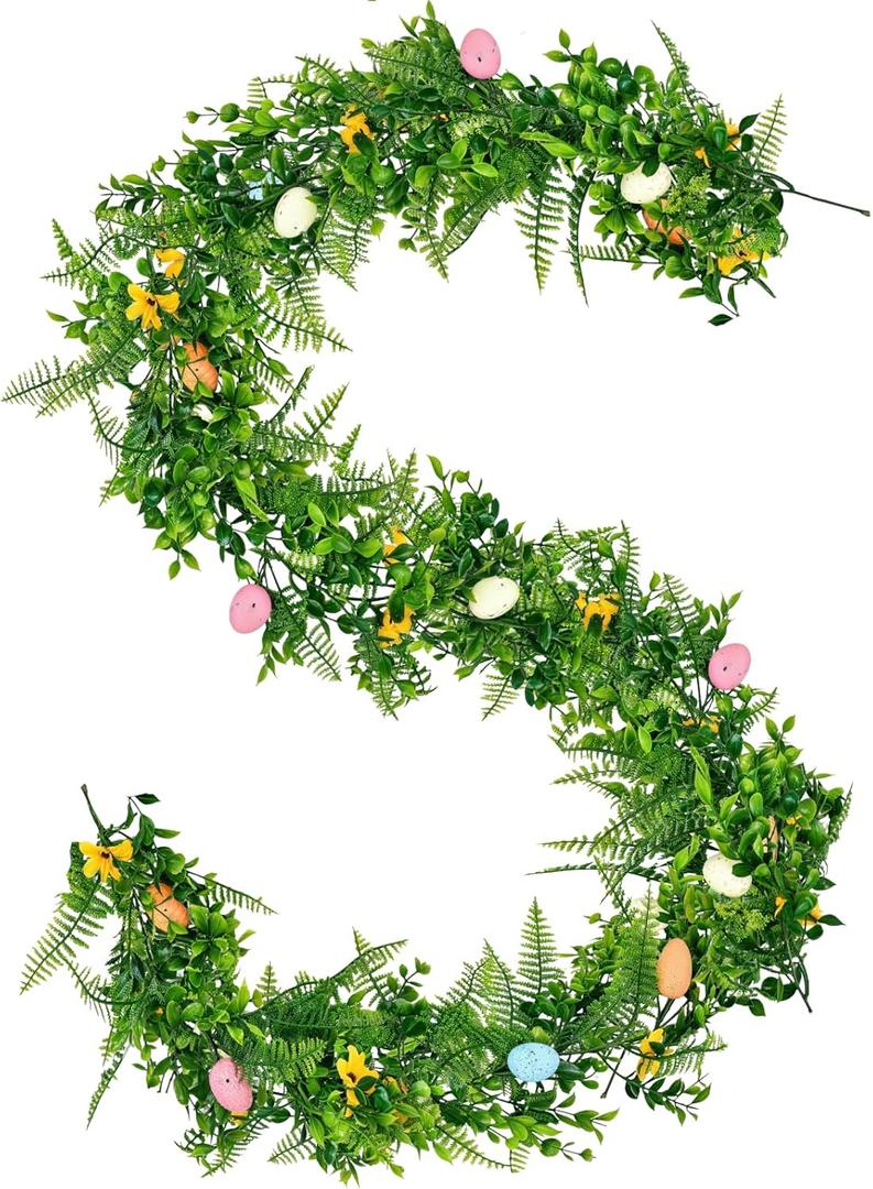 Artificial Easter Egg Grass Garland 5.7ft Spring Greenery Vine with Colorful Speckled Eggs and Yellow Flowers for Easter Decor, Mantel, Doorway, Table, and Party Decorations