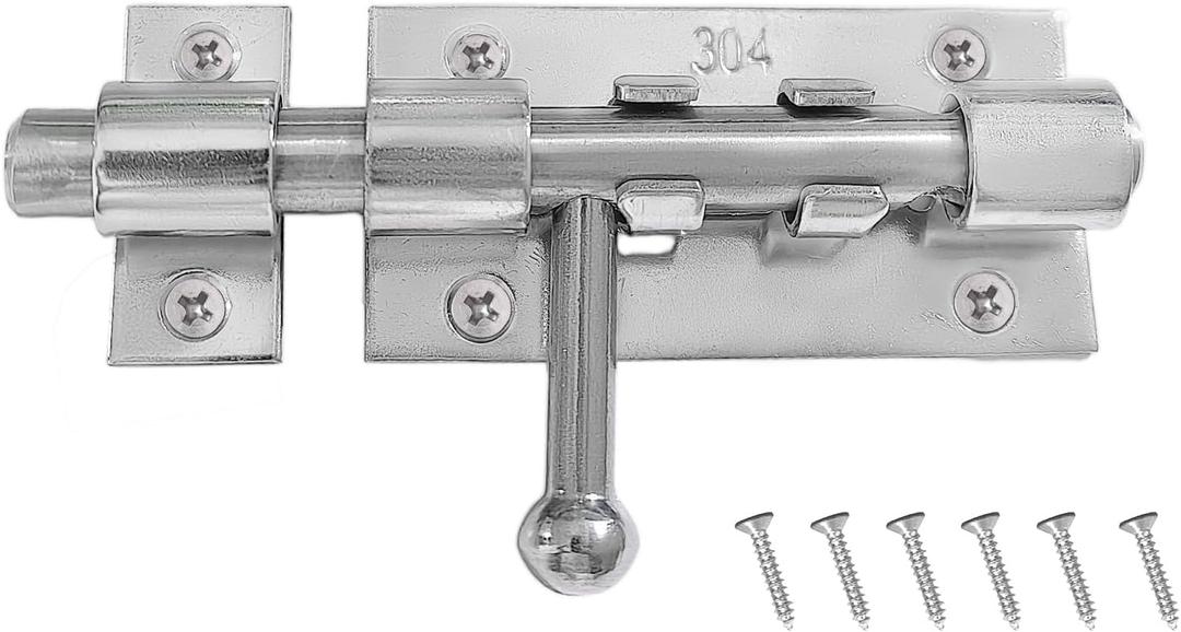 4 Inch Slide Barrel Bolt Latch Door Slide Lock, Solid 304 Stainless Steel Bolt Lock, Thickened Heavy Duty Gate Latches for Wooden Fence Metal Gate Yard Shed Warehouse Cabinet Window (1 Pack)