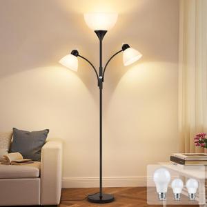 Floor Lamp for Living Room,72" Dimmable Torchiere Lamp with 2 Reading Lights for Bedroom, Black Tall Standing Room Lamp, 3 Bulbs Included
