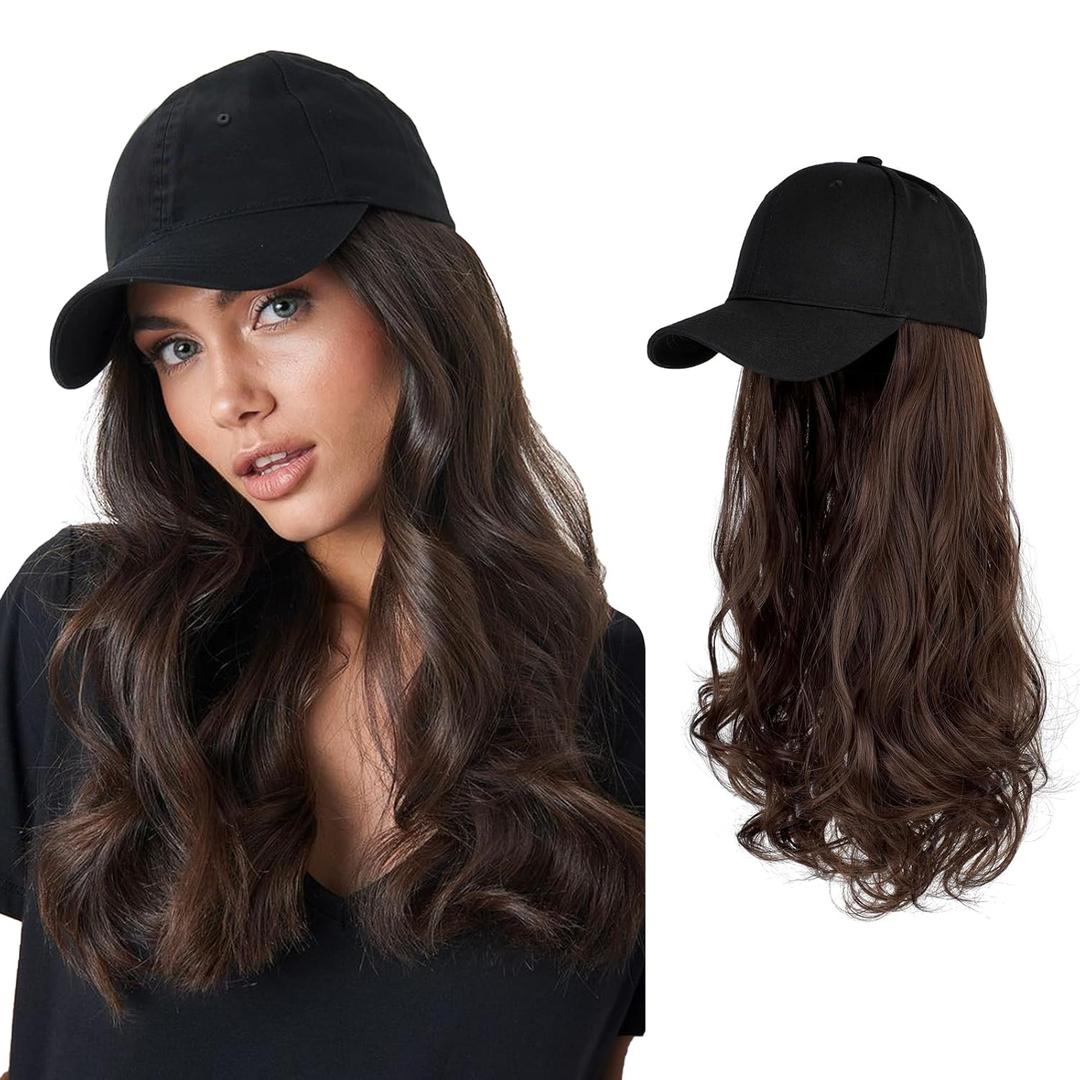 AynnQueen Baseball Cap with Detachable Hair Extensions for Women 21 inch Long Wavy Synthetic Hair with Adjustable Hat Wig Attached Black Baseball Cap (Dark Brown)