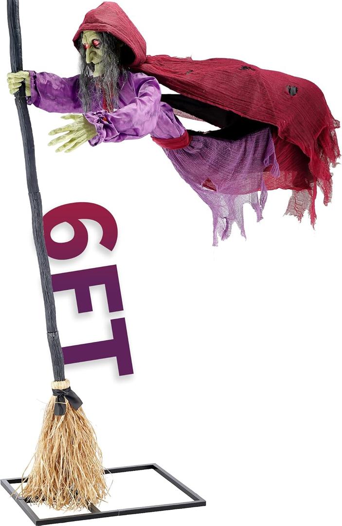 Halloween Animatronics Flying Witch Decorations, 6ft Animated Floating Witch with Sound Activated, Creepy Talking Sound, Mouth Move, Light Up Eyes, Haunted Decor Horror Prop for Outdoor, Yard Lawn