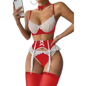 WDIRARA Women's 6 Piece Set Floral Lace Bow Front Colorblock Underwire Garter Lingerie Set with Choker with Stocking XL
