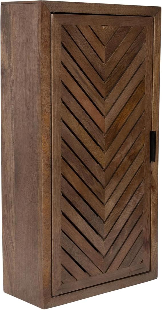 Kate and Laurel Mezzeta Decorative Modern One-Door Floating Bathroom Cabinet, 15 x 7 x 28, Brown, Decorative Over Toilet Storage Cabinet Made from Solid Mango Wood with Slatted Chevron Design