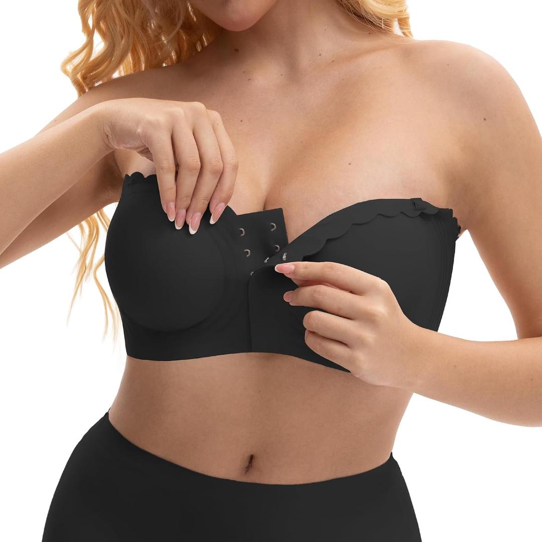 KUTECOMBO Wireless Strapless Bra for Women Non-Slip Front Closure Smoothing Padded Bandeau Bralette, Ideal for Wedding & Off-Shoulder Outfits(Black, Small)